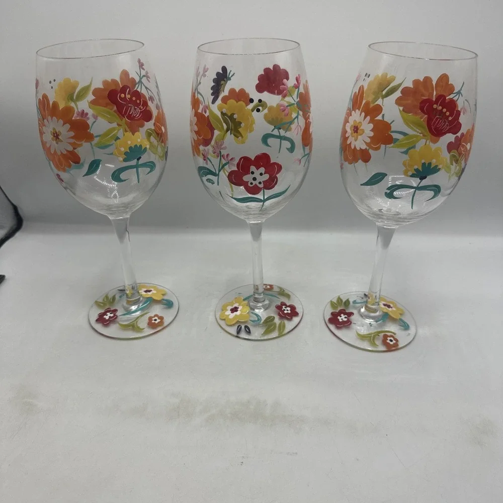 Pier 1 Hand Painted Spring Floral Wine Glasses (3) 9-1/2